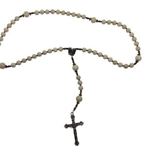 Jo Van DenHeuvel Stone Bead Rosary Necklace Angel Centerpiece Sterling‎ Crucifix